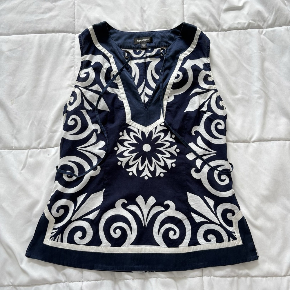 Vintage Bebe 100% Cotton Tank Top Womens Medium Blue Coastal Nautical Y2K Beachy
